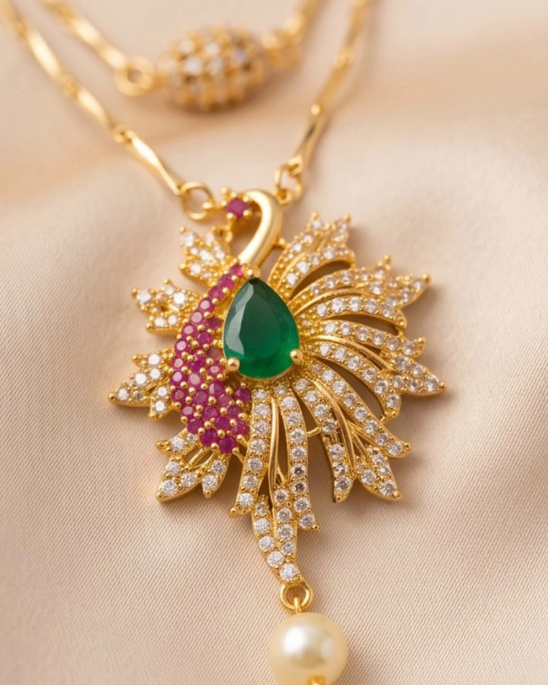 Peacock Themed Double Layer Pink And Ruby Stone Long Pendant Set view 3