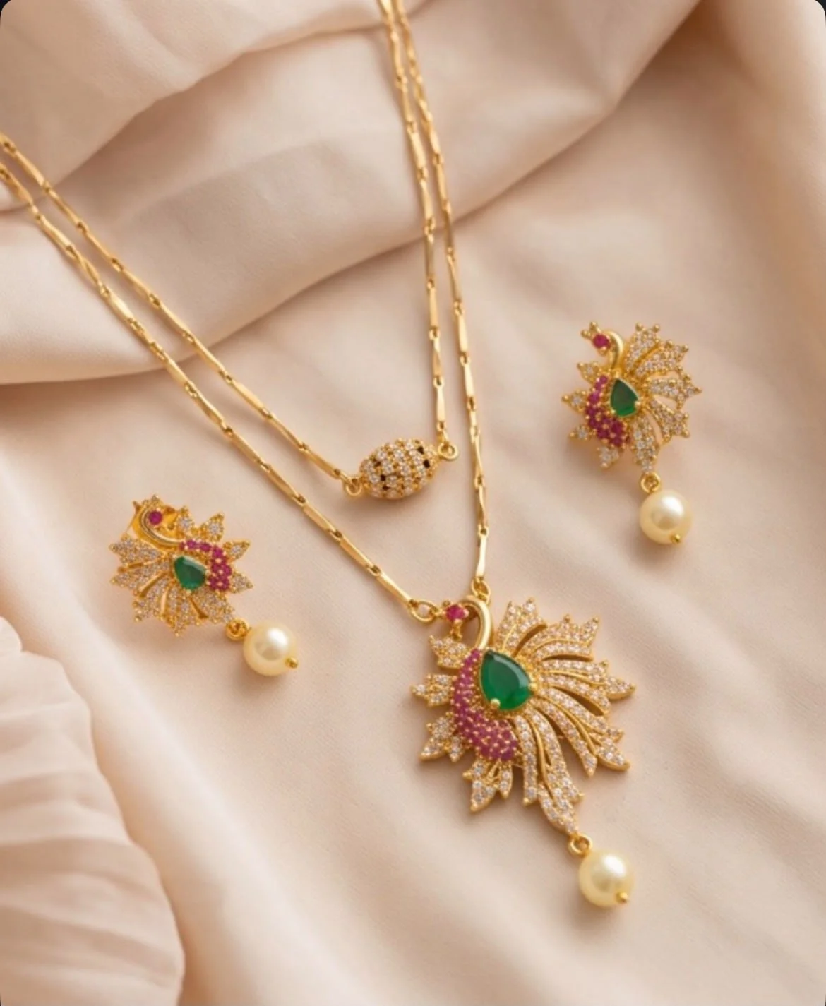 Peacock Themed Double Layer Pink And Ruby Stone Long Pendant Set