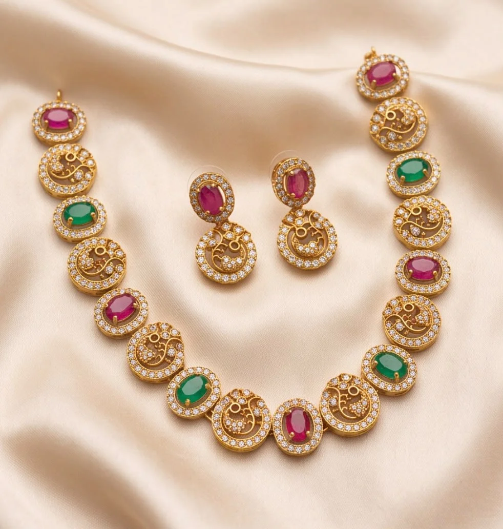 Antique Collar Style Necklace Set With Green And Red AD Stone.