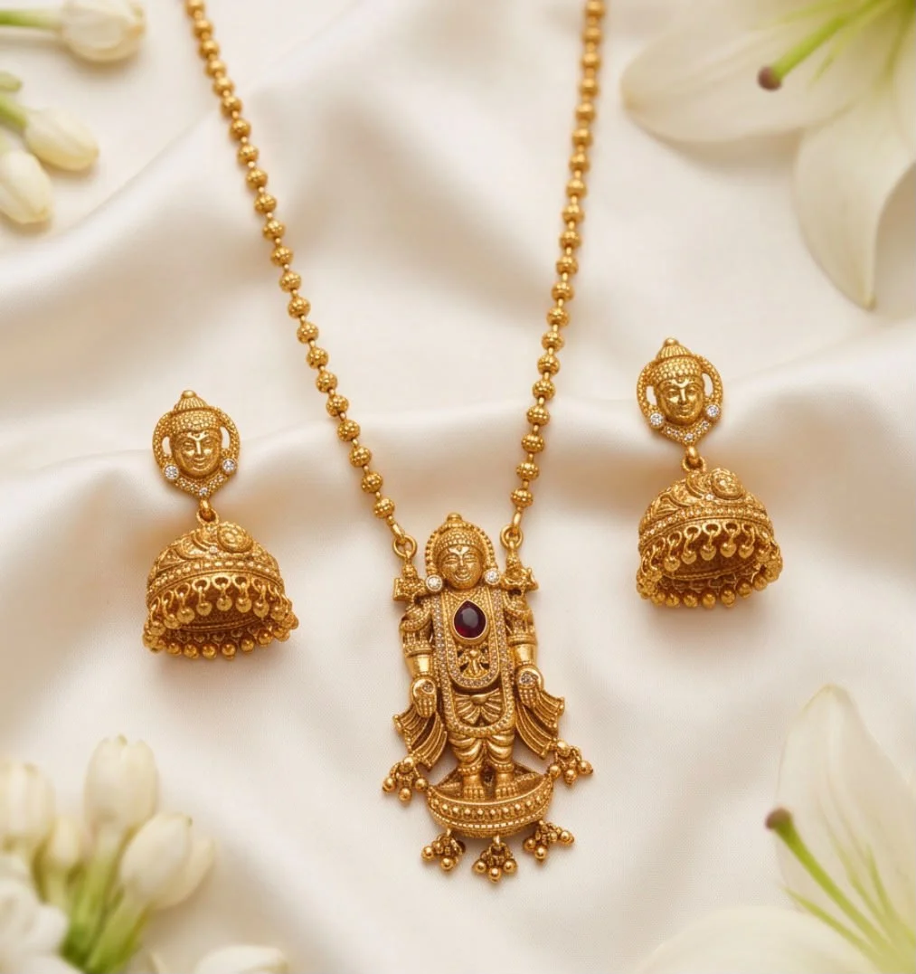 Antique Goldfish Tirupati Balaji Pendant Set.