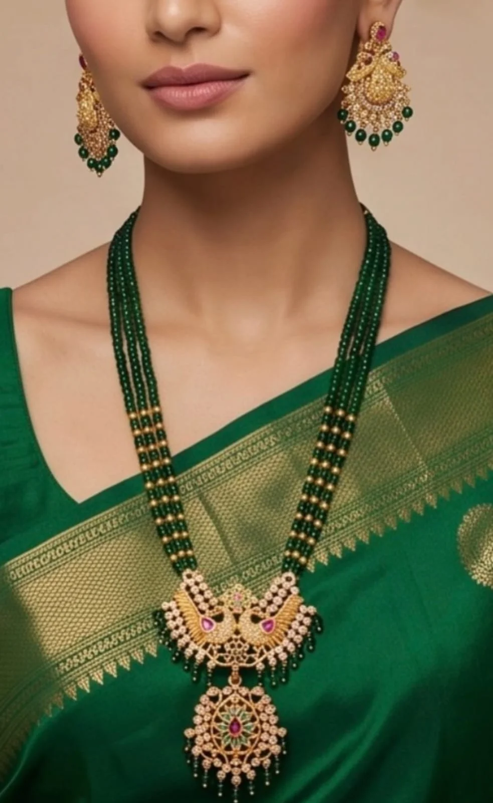 Antique Multi Strand Green Hydro Beads Long Necklace Set Green