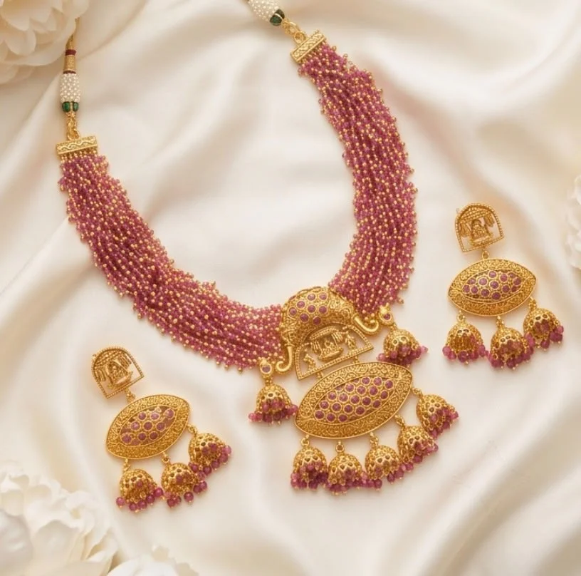 Traditional Temple Design Gold Plated Ruby Beaded Necklace view 3