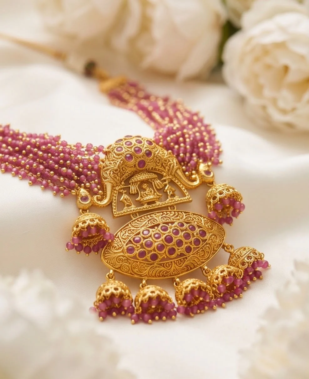 Traditional Temple Design Gold Plated Ruby Beaded Necklace alternate view