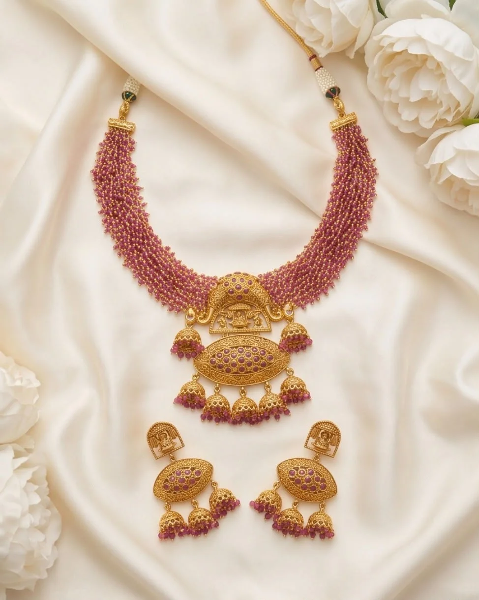 Traditional Temple Design Gold Plated Ruby Beaded Necklace
