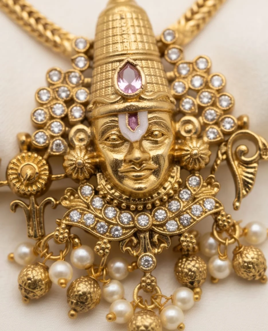 Antique Gold Plated Perumal Pendant Set view 3
