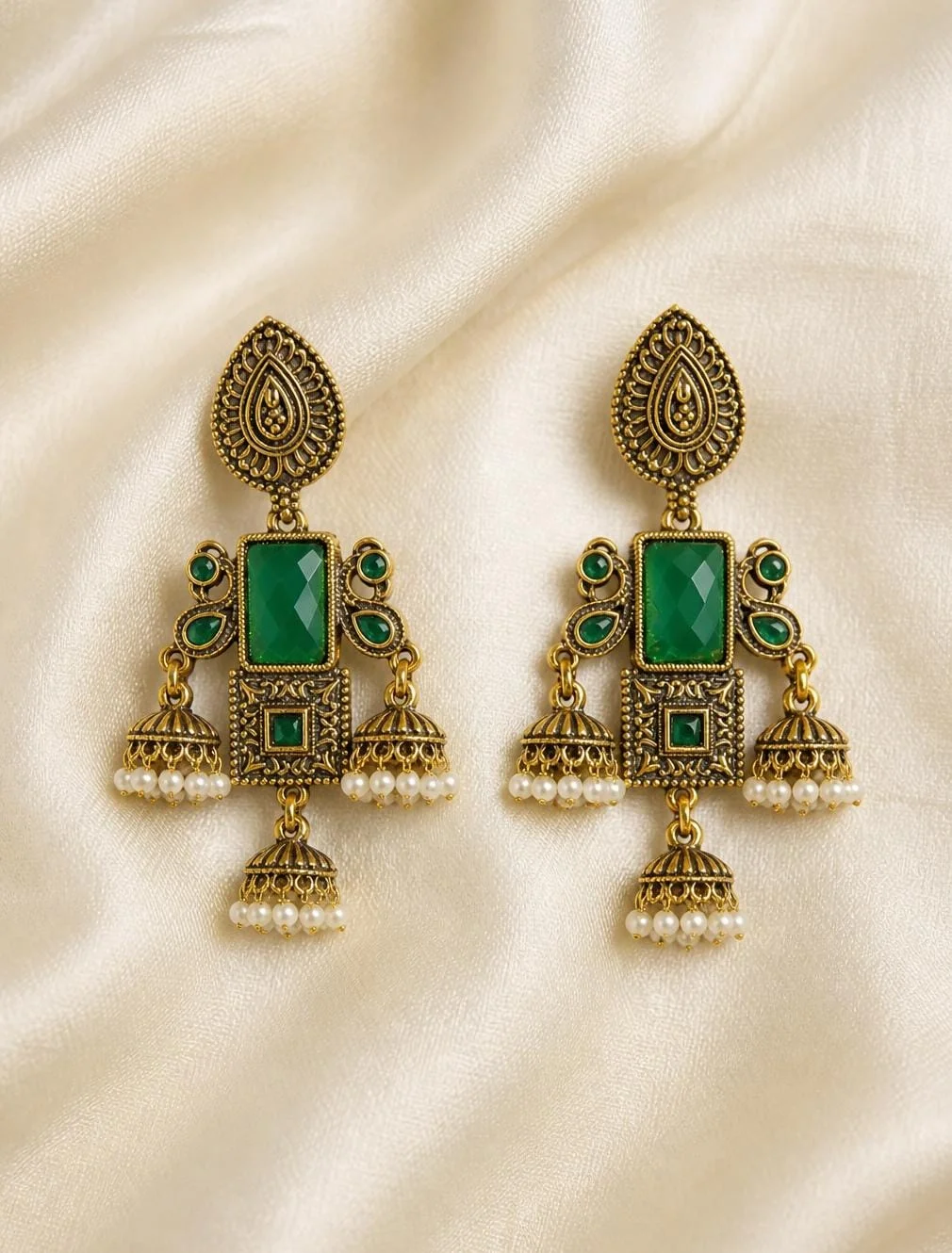 Jhumka Earrings Three Tired Dangling Bell Design With Green Stone. alternate view