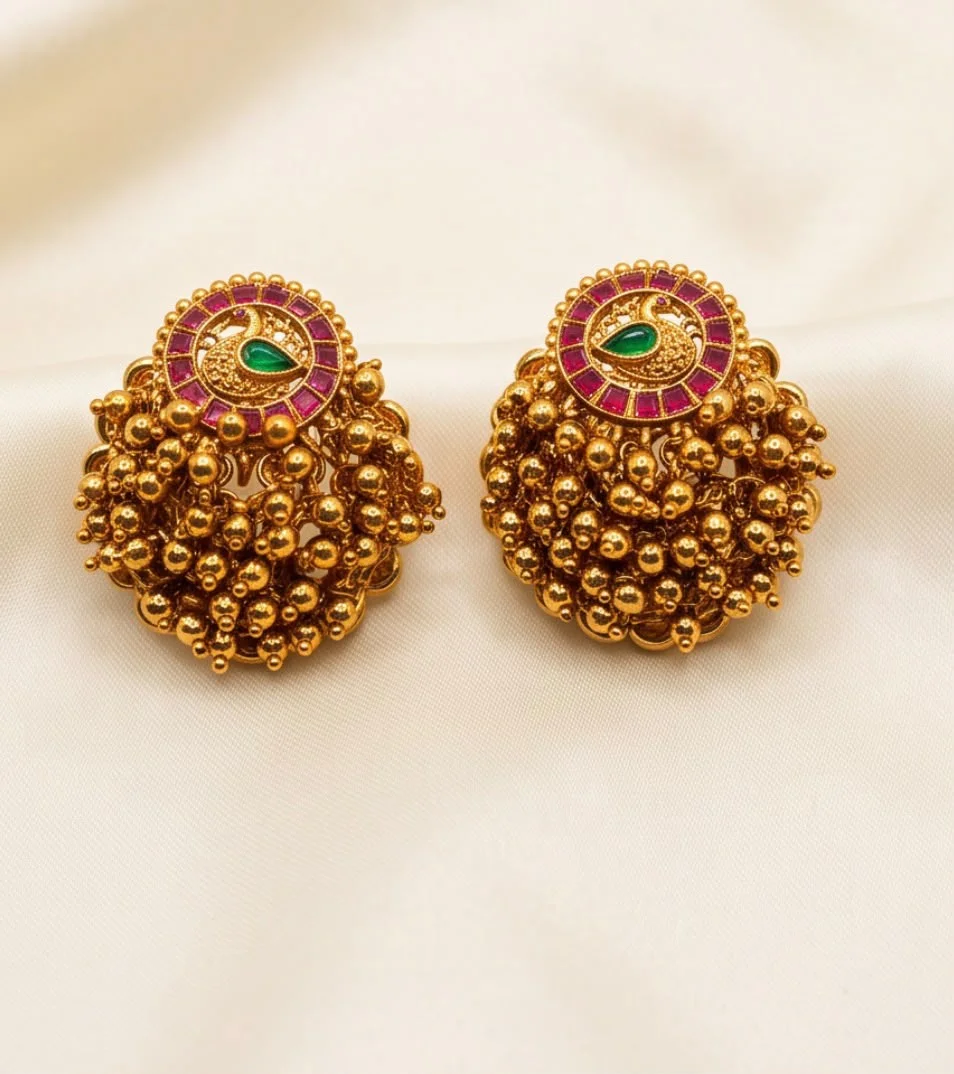Earrings With Golden Beads.