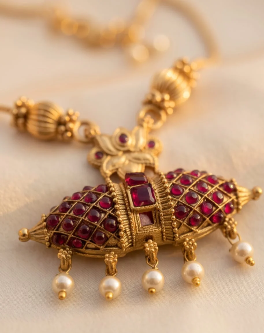 This Focal Piece Is A Distinctive Barrel Shaped Dholki Style Horizontal Pendant Set. alternate view