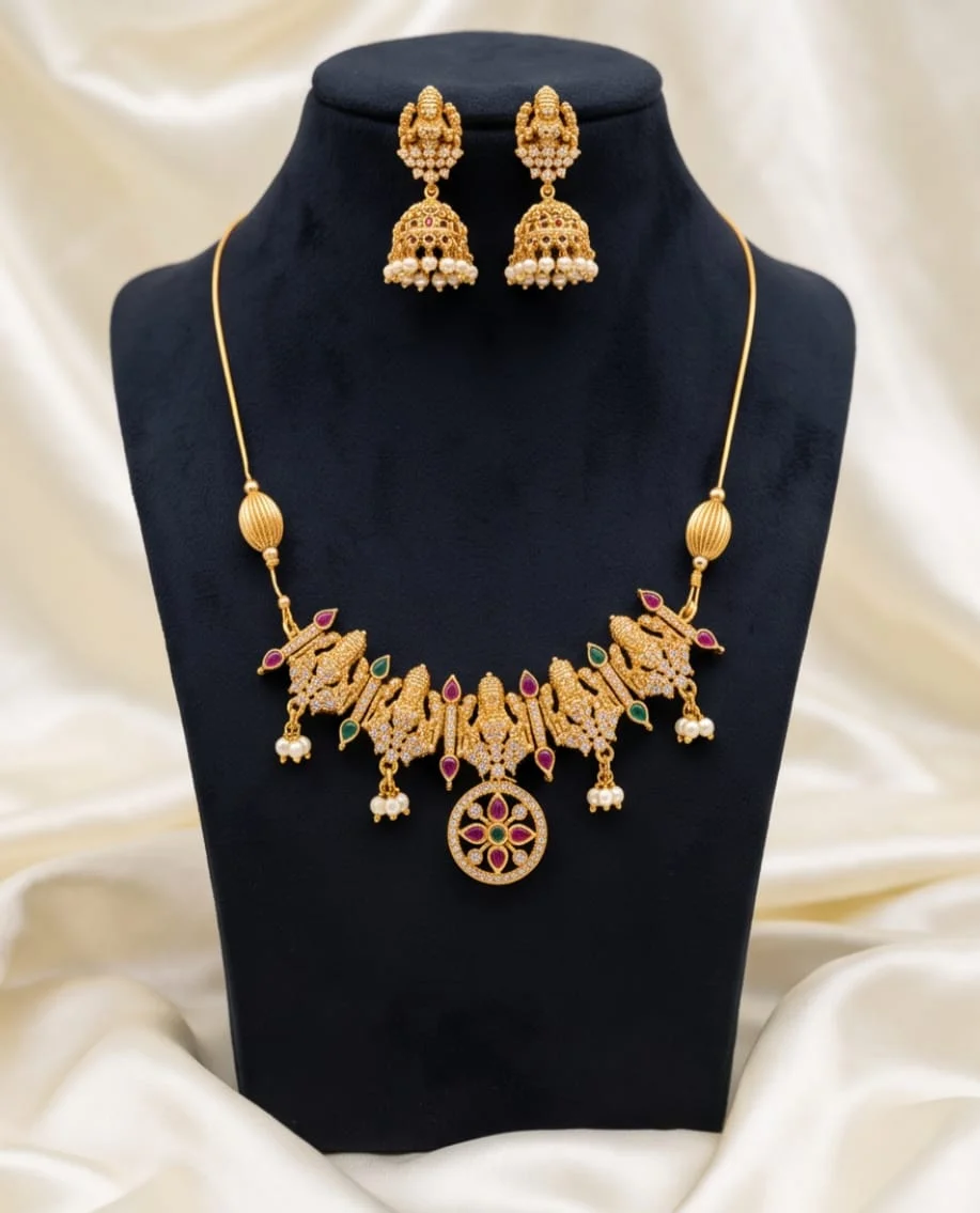 Gold Turned Goddess Lakshmi Invisible Necklace Set.