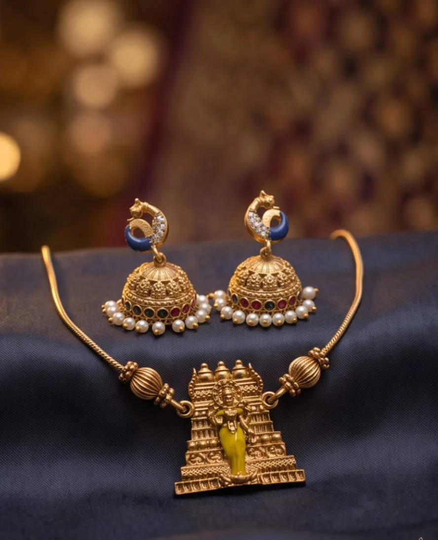 Matte Gold Plated Gopuram Temple Pendant Set.