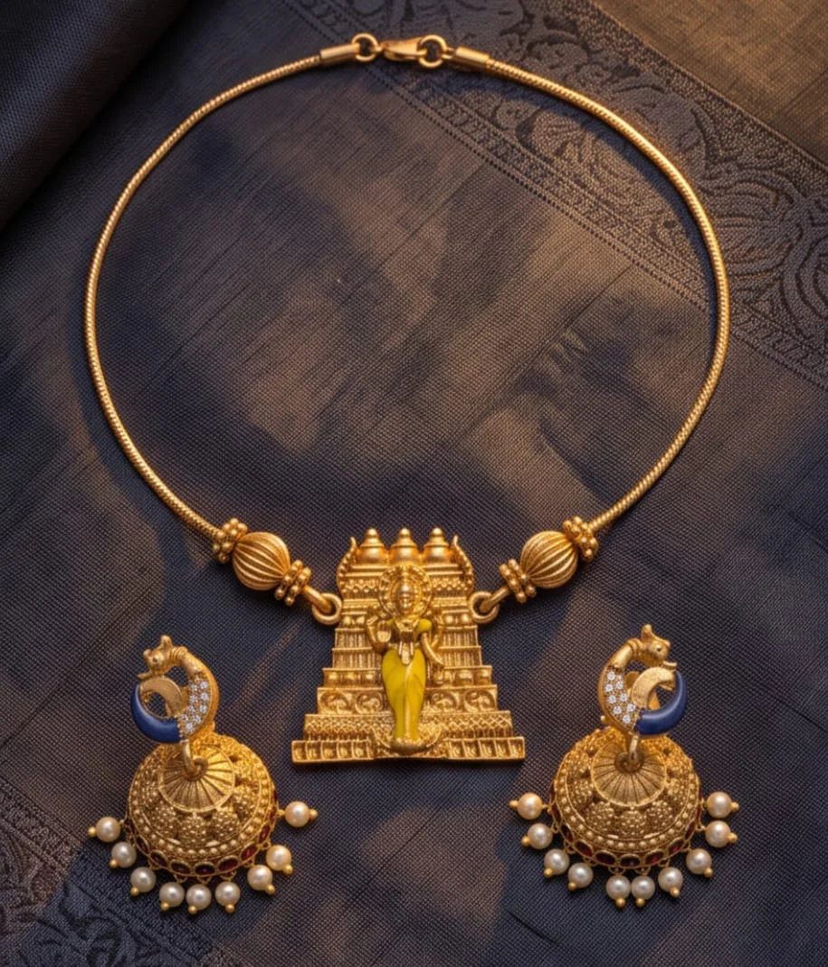 Matte Gold Plated Gopuram Temple Pendant Set. alternate view