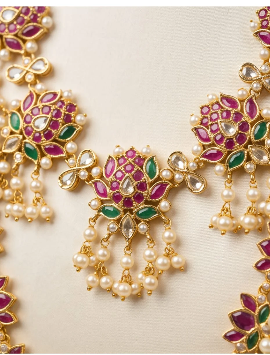 Traditional South Indian Premium Quality Gold Plated Lotus Motif Guttapusalu Necklace Set alternate view