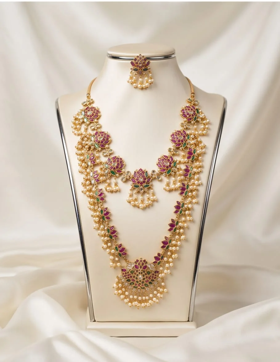 Traditional South Indian Premium Quality Gold Plated Lotus Motif Guttapusalu Necklace Set