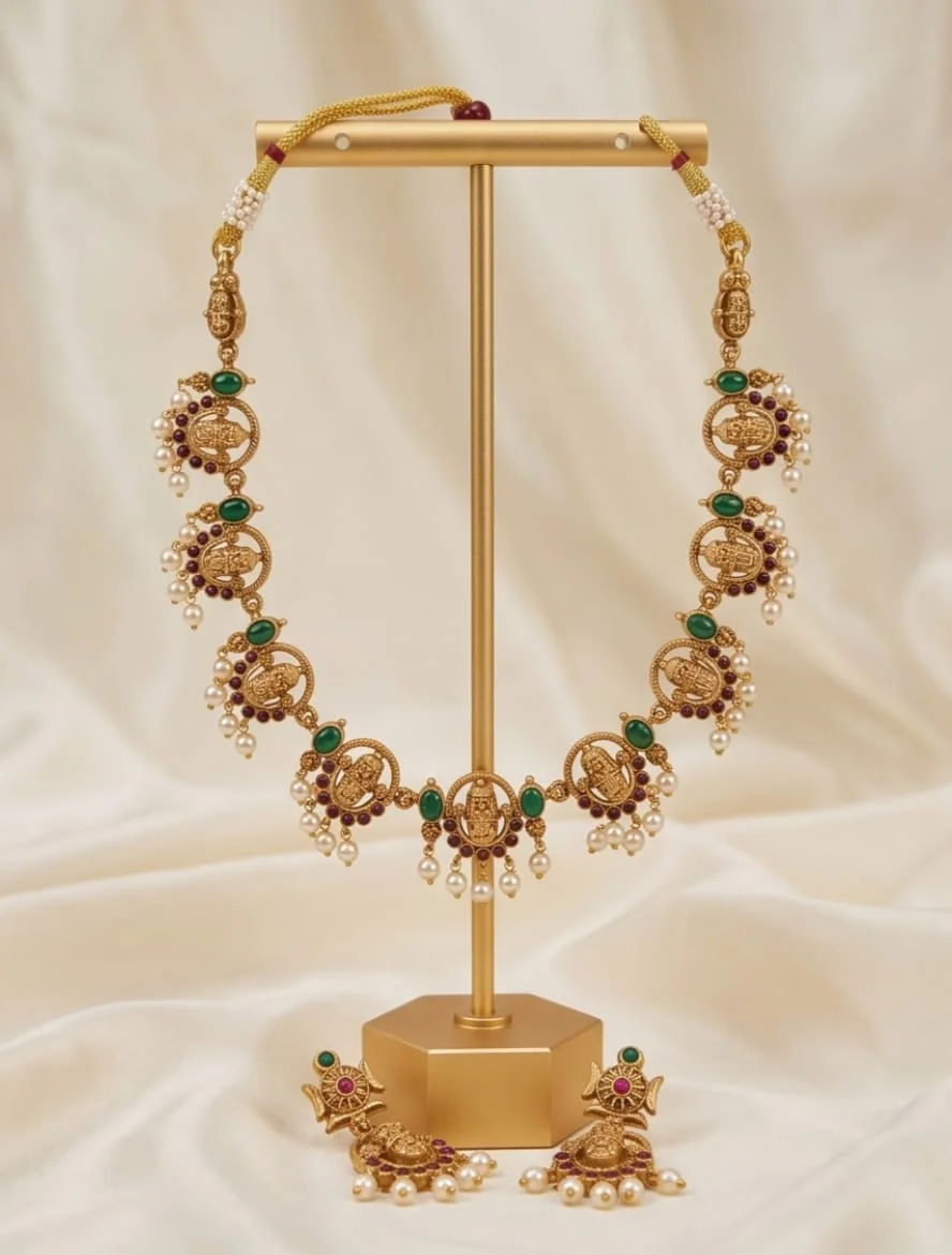 Gold Plated Temple Necklace And Matching Earrings