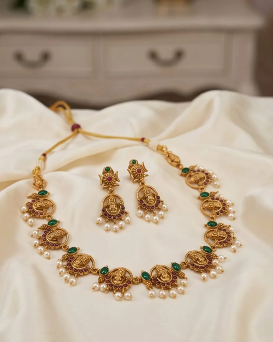 Gold Plated Temple Necklace And Matching Earrings alternate view