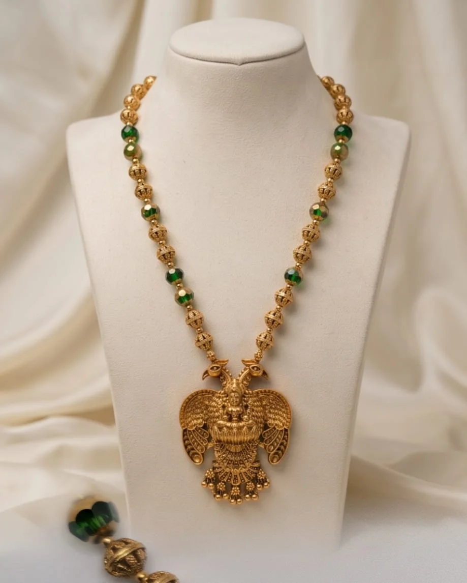 Traditional South Indian Long Pendant Set.Featuring A Long Chain With Golden Beads