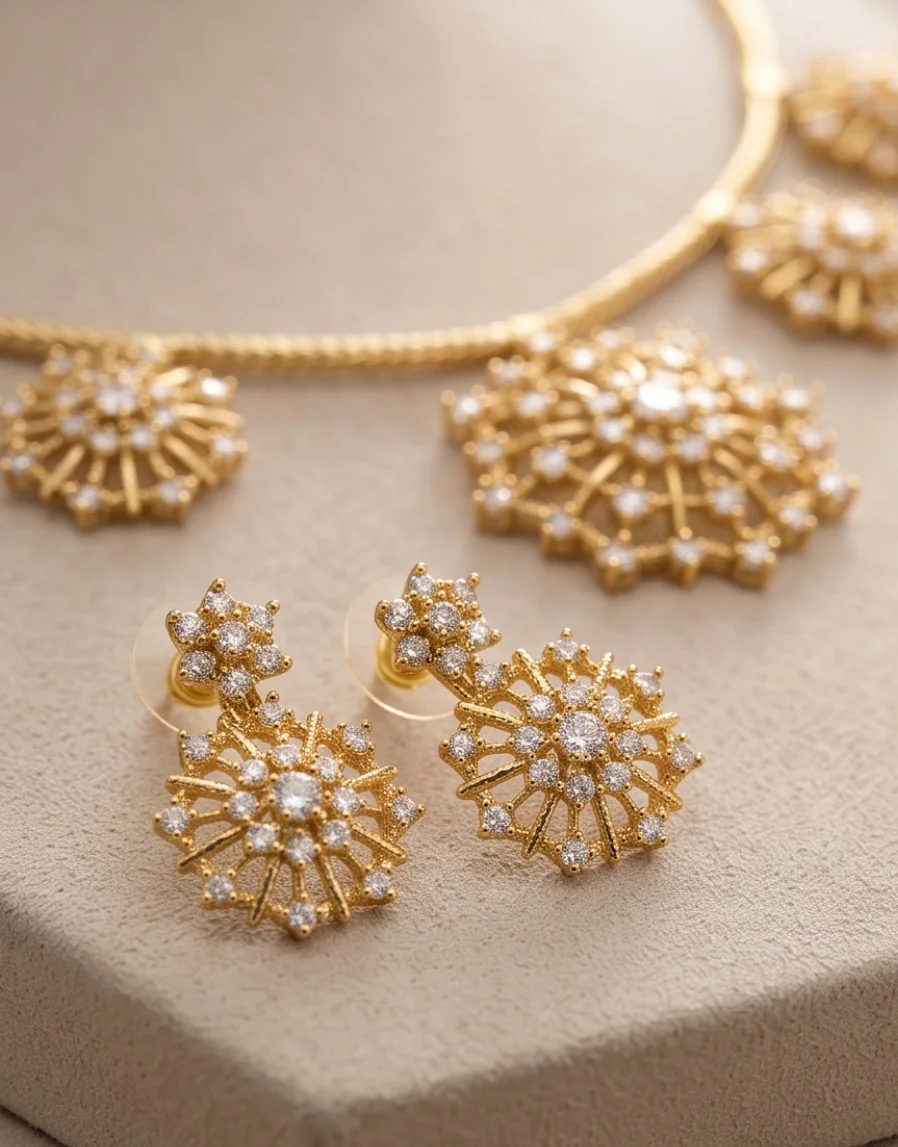High Quality Gold Plated AD Stone Short Necklace Set view 3