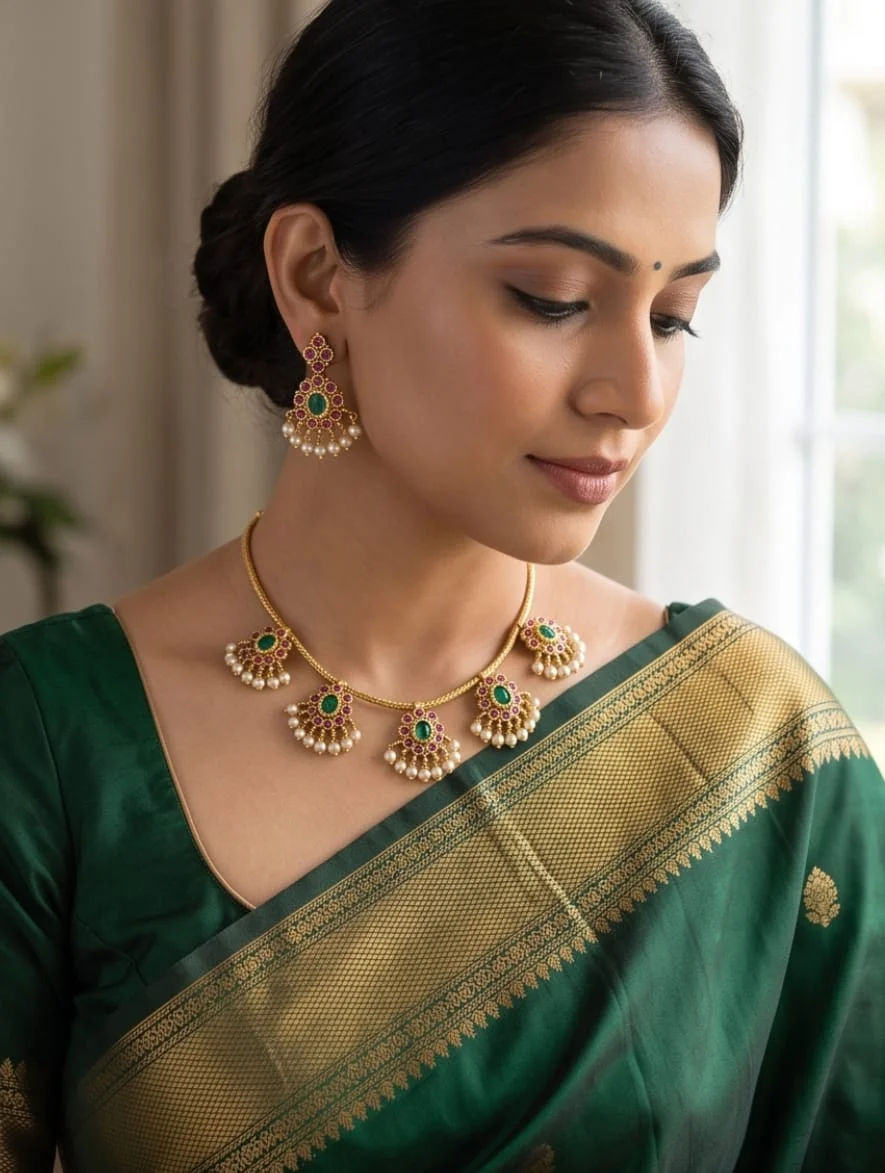 Traditional South Indian Attigai Style Necklace Set.It Features 5 Hanging Pendants alternate view
