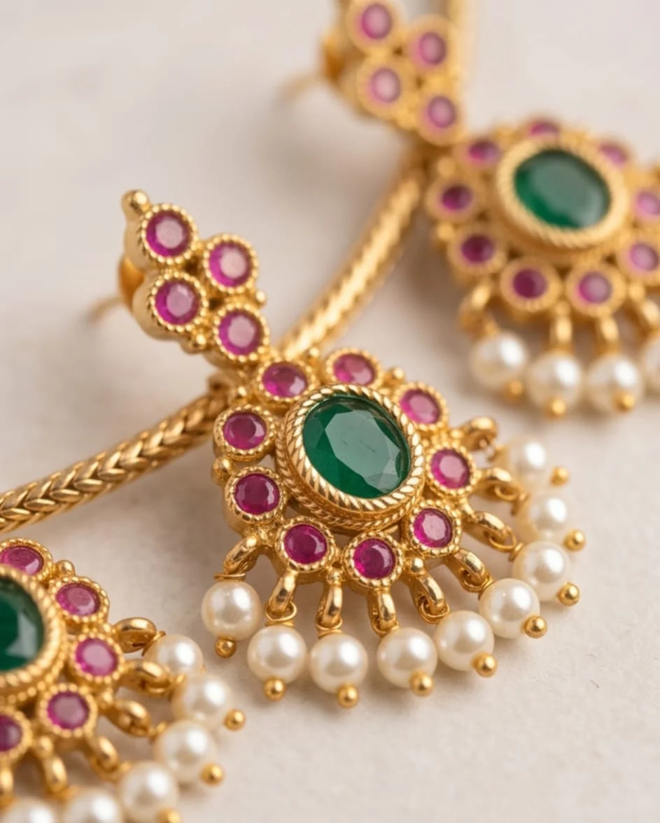 Traditional South Indian Attigai Style Necklace Set.It Features 5 Hanging Pendants view 3