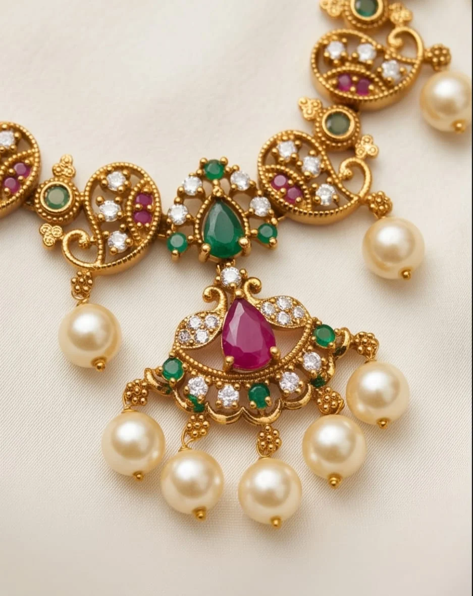 This Traditional South Indian Necklace Set Blends Manga Malai With Guttapusalu. view 3