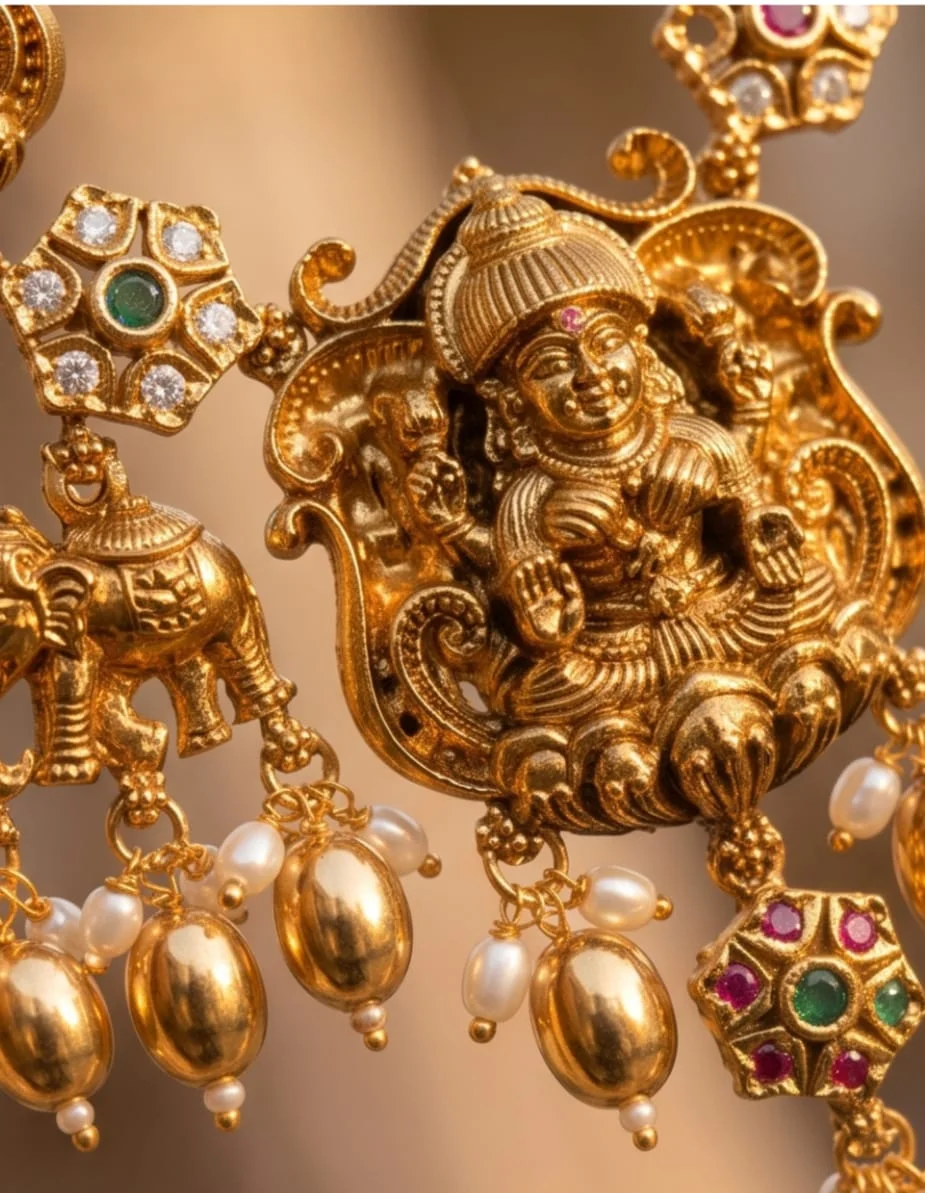 Antique Matte Gold Finish Necklace Set.The Pendant And Alternating Links Feature An Intricate Relief Carving Of Goodness Lakshmi. view 3