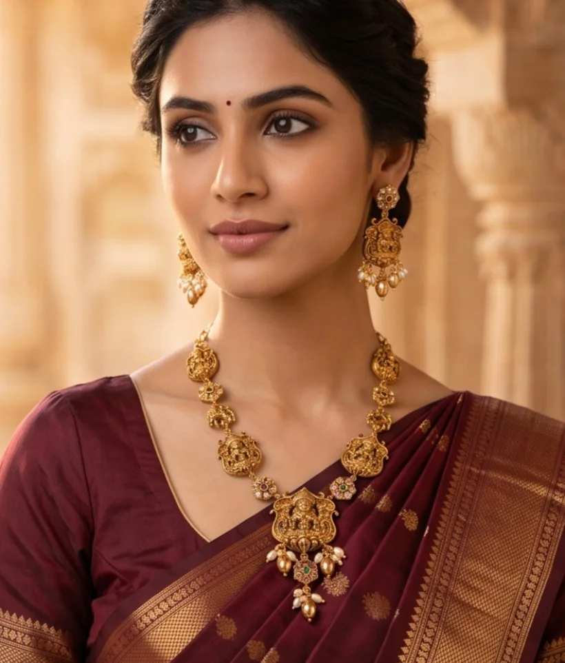Antique Matte Gold Finish Necklace Set.The Pendant And Alternating Links Feature An Intricate Relief Carving Of Goodness Lakshmi. alternate view