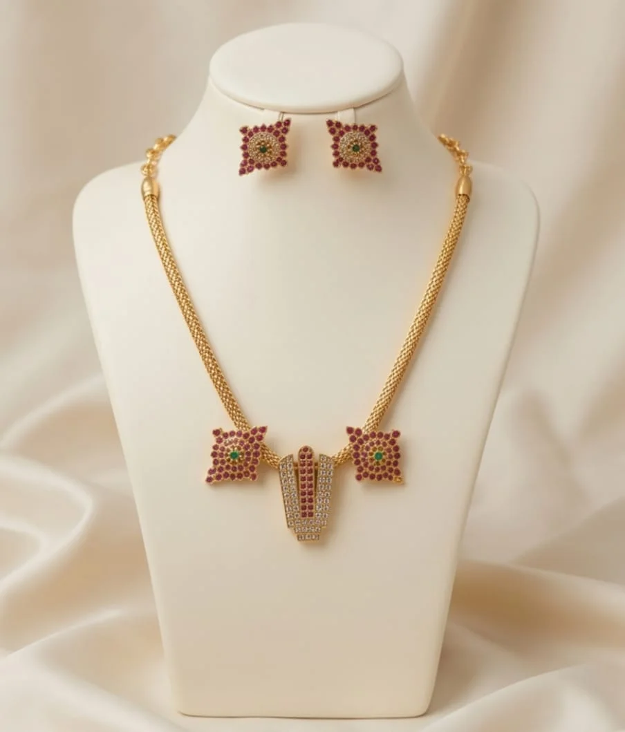 Traditional South Indian Gold Plated Temple Jewellery Set Features A Central Lord Venkateshwara Namam alternate view