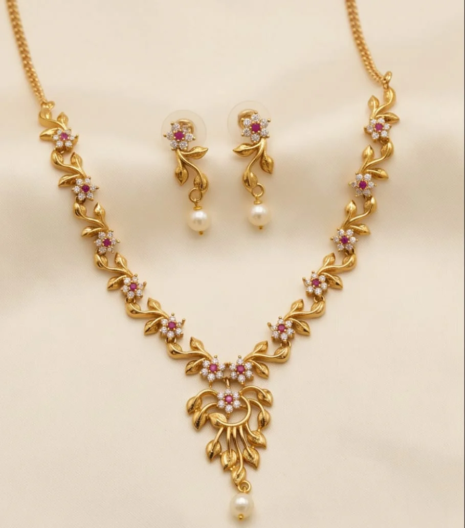 This Gold Plated AD And CZ Floral Leaf Necklace And Matching Pearl Drop Earring Set alternate view