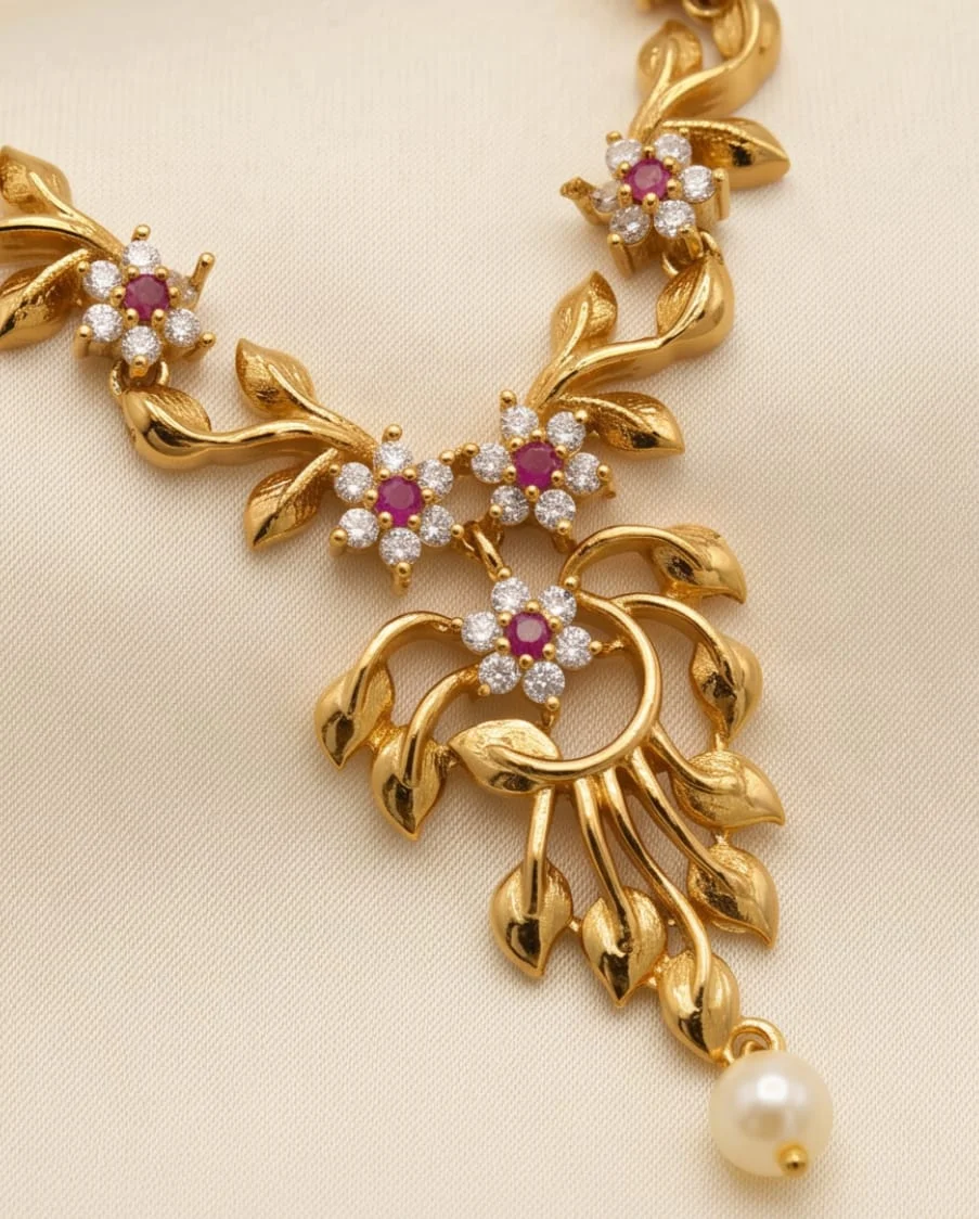 This Gold Plated AD And CZ Floral Leaf Necklace And Matching Pearl Drop Earring Set view 3