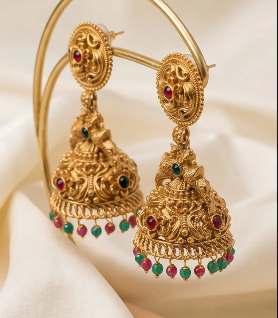 Antique Gold Plated Temple Jhumka Earrings Feature Peacock Motifs alternate view