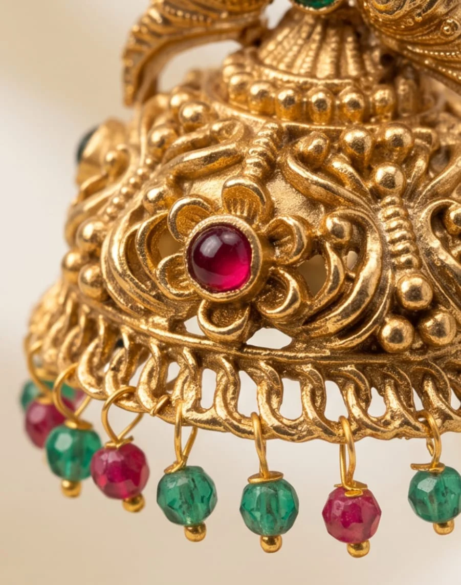 Antique Gold Plated Temple Jhumka Earrings Feature Peacock Motifs view 3