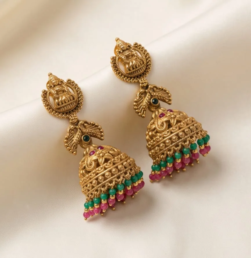 This Traditional South Indian Antique Matte Gold Finish Jhumka Featuring An Intricate Goodness Lakshmi Motif Stud alternate view