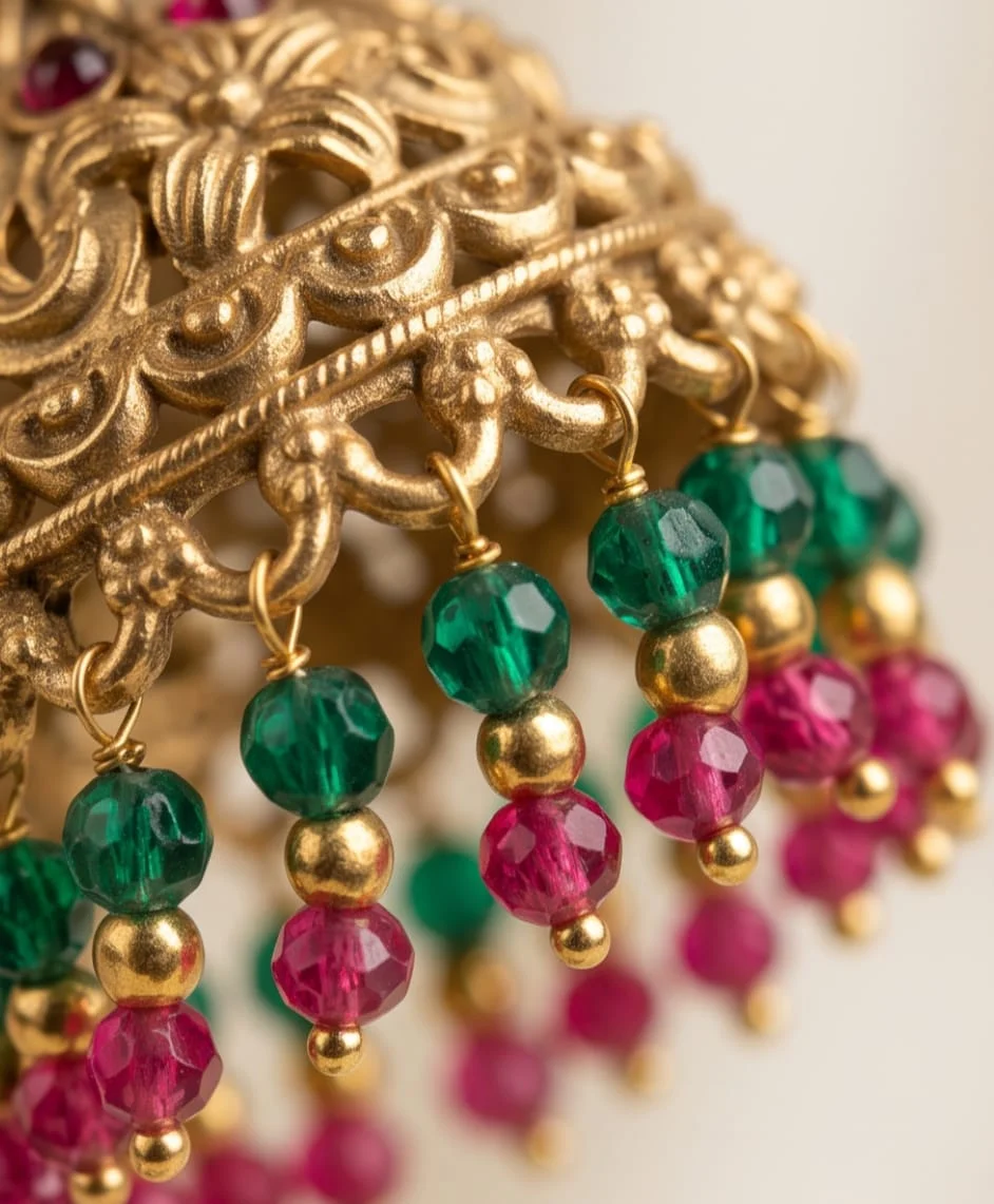 This Traditional South Indian Antique Matte Gold Finish Jhumka Featuring An Intricate Goodness Lakshmi Motif Stud view 3
