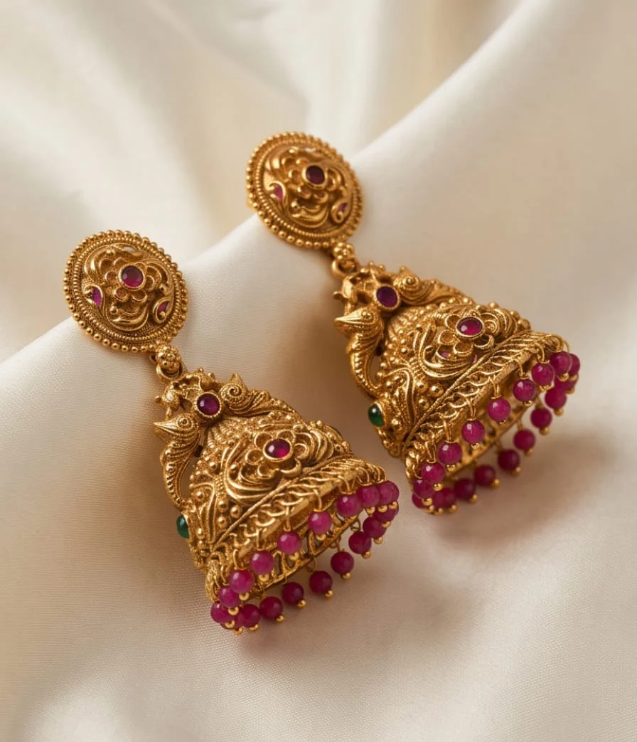 Antique Gold Plated Temple Jhumka Earrings Feature Peacock Motifs Accented With Ruby Red Bead Drops. alternate view
