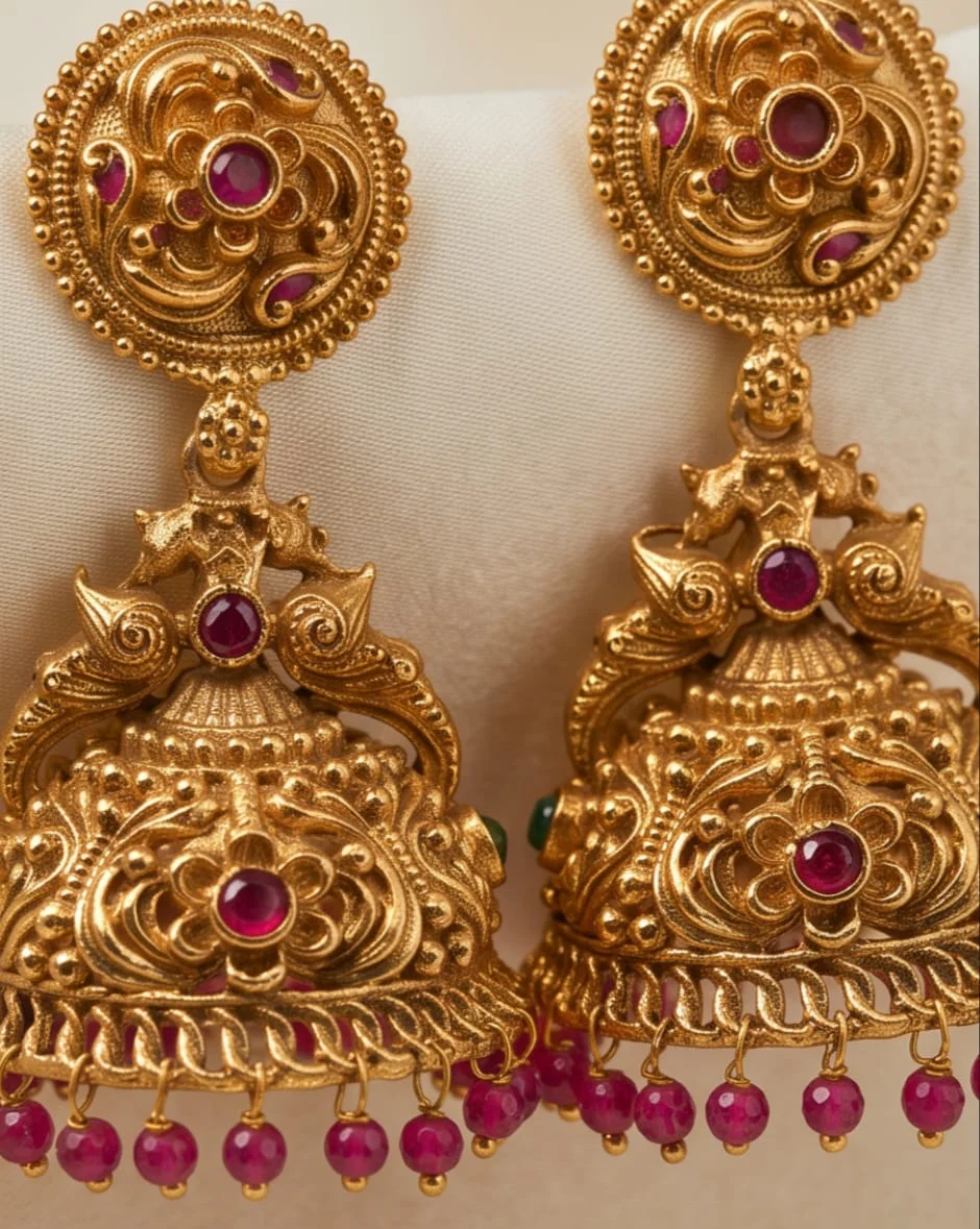 Antique Gold Plated Temple Jhumka Earrings Feature Peacock Motifs Accented With Ruby Red Bead Drops. view 3