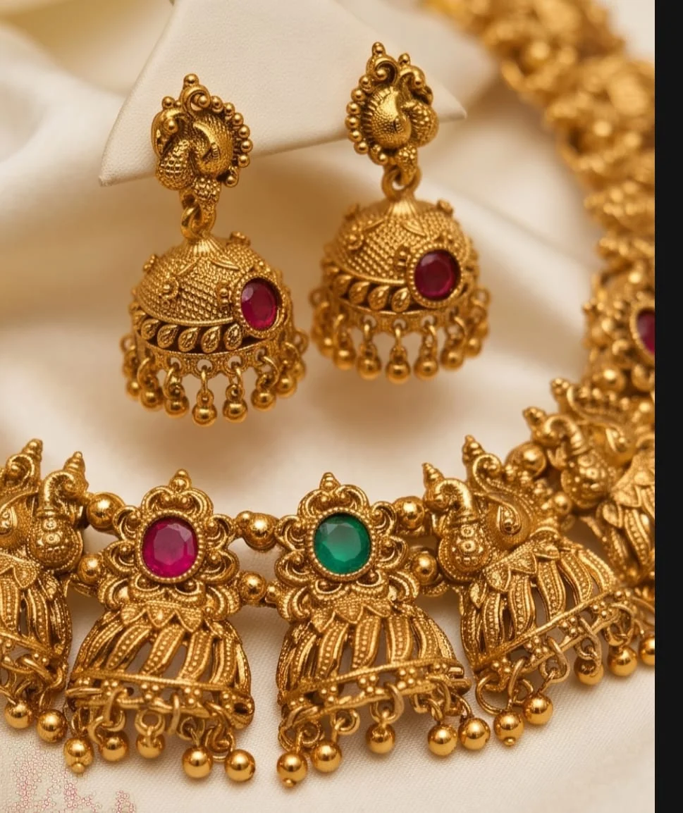 Traditional South Indian Gold Plated Jumka Style Temple Necklace Set Featuring Intricate Peacock Motifs And Embedded Ruby And Emerald Coloured Stones. alternate view