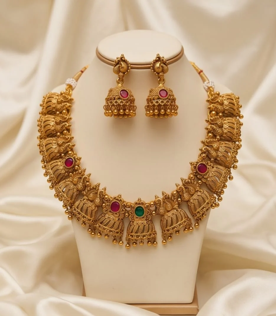 This Gold-Plated Temple Jewellery Necklace Featuring Highly Detailed 3D Embossed Lakshmi Deity