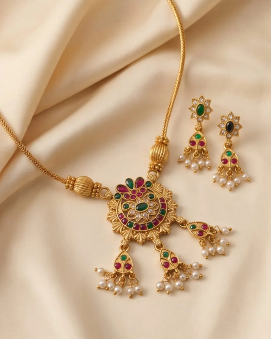 A South Indian Temple Jewellery Necklace Set Featuring An Antique Gold Toned Finish, alternate view