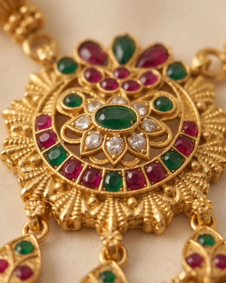 A South Indian Temple Jewellery Necklace Set Featuring An Antique Gold Toned Finish, view 3