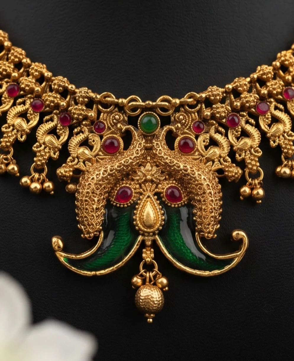 Red And Green Antique Gold Finish Necklace Set alternate view