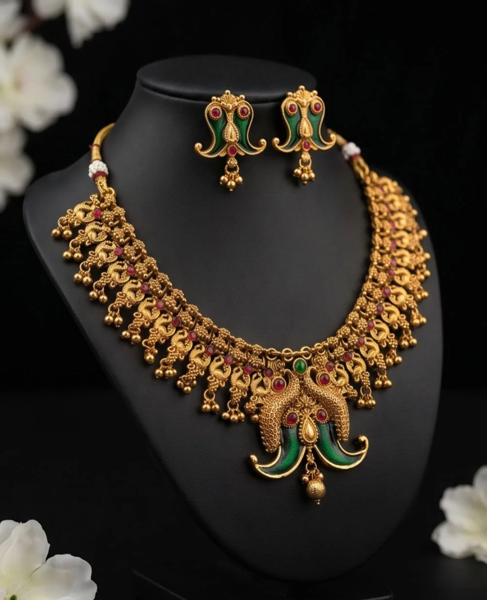 Red And Green Antique Gold Finish Necklace Set view 4