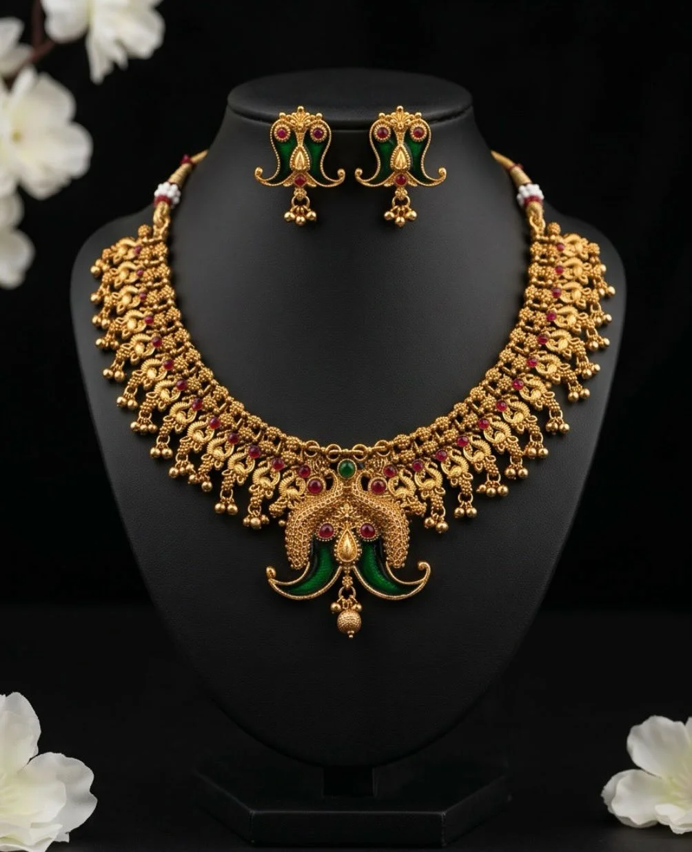 Red And Green Antique Gold Finish Necklace Set