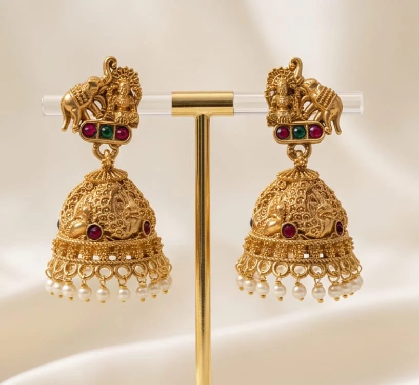 Traditional South Indian Antique Matte Gold-Plated Temple Jhumka Earrings With Elephant alternate view