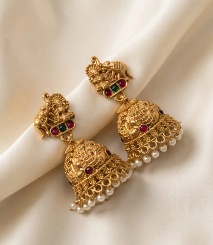 Traditional South Indian Antique Matte Gold-Plated Temple Jhumka Earrings With Elephant