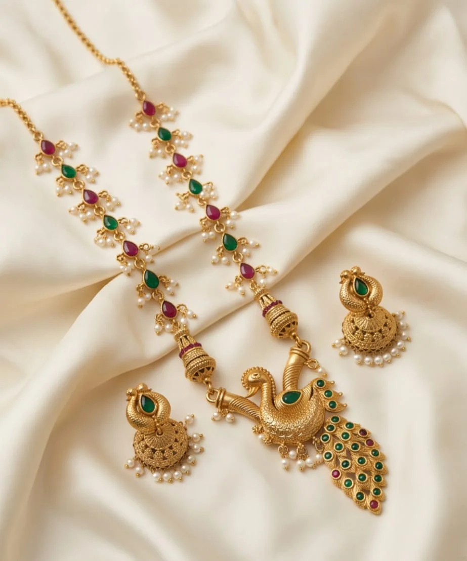 This Traditional Indian Necklace Showcases A Prominent Peacock Pendant alternate view