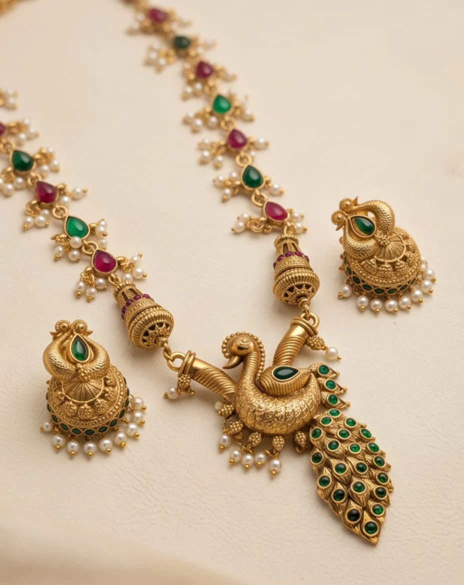 This Traditional Indian Necklace Showcases A Prominent Peacock Pendant