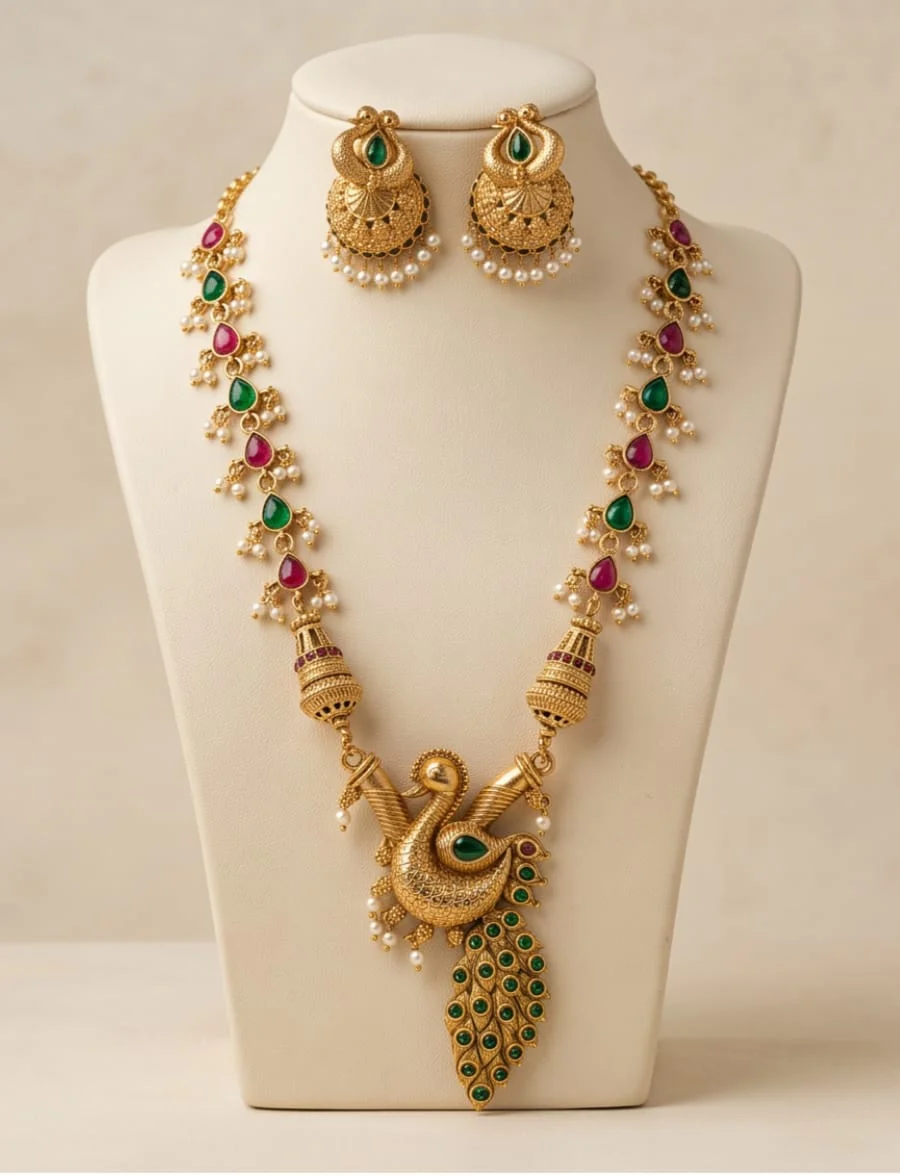 This Traditional Indian Necklace Showcases A Prominent Peacock Pendant view 3