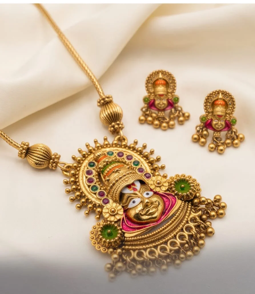This Traditional South Indian Temple-Style Gold-Plated Necklace And Matching Stud Earrings Set