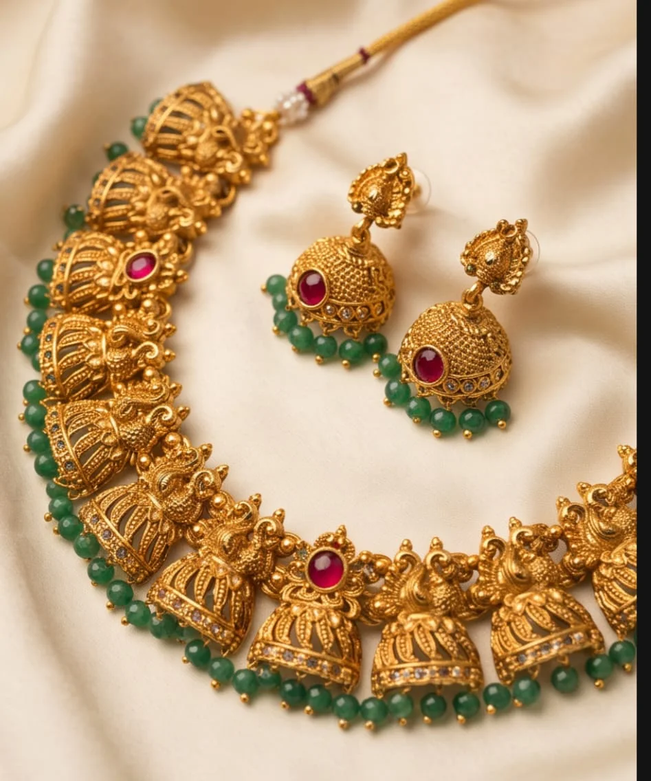 This Traditional South Indian Antique Gold-Plated Temple Jewelry Set Features An Intricate Jhumka-Style Choker Necklace alternate view