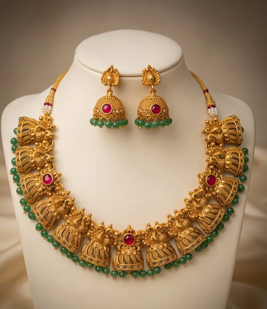 This Traditional South Indian Antique Gold-Plated Temple Jewelry Set Features An Intricate Jhumka-Style Choker Necklace